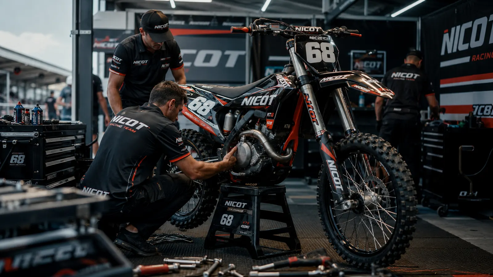 Механики Nicot Racing в боксах у мотоцикла